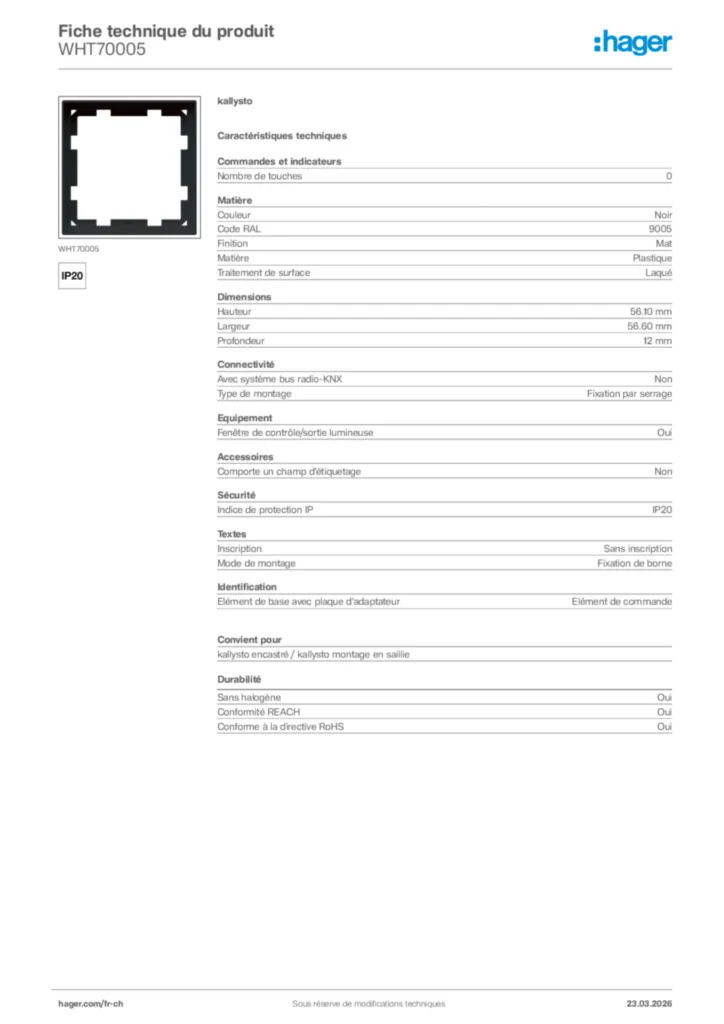 Image Hager Fiche technique du produit WHT70005 | Hager Suisse