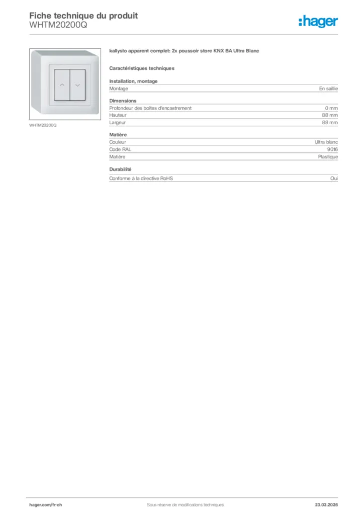 Image Hager Fiche technique du produit WHTM20200Q | Hager Suisse