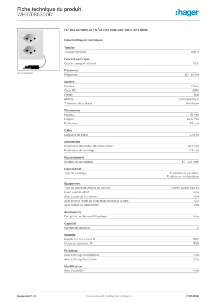 Image Hager Fiche technique du produit WH37686300D | Hager Suisse