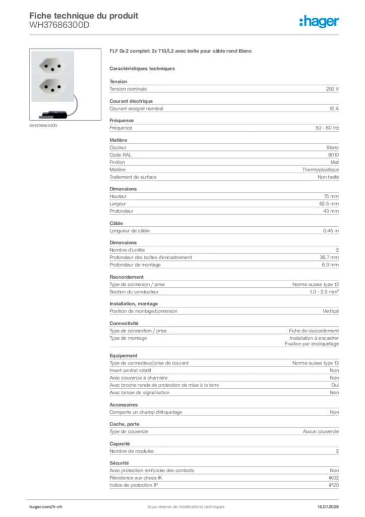 Image Hager Fiche technique du produit WH37686300D | Hager Suisse