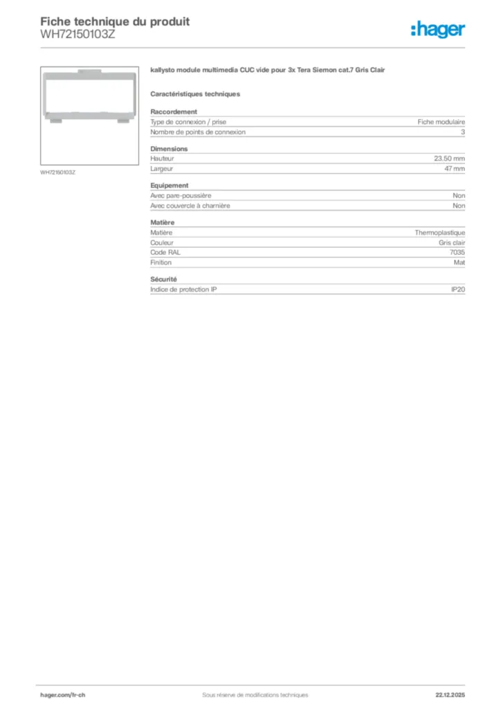 Image Hager Fiche technique du produit WH72150103Z | Hager Suisse