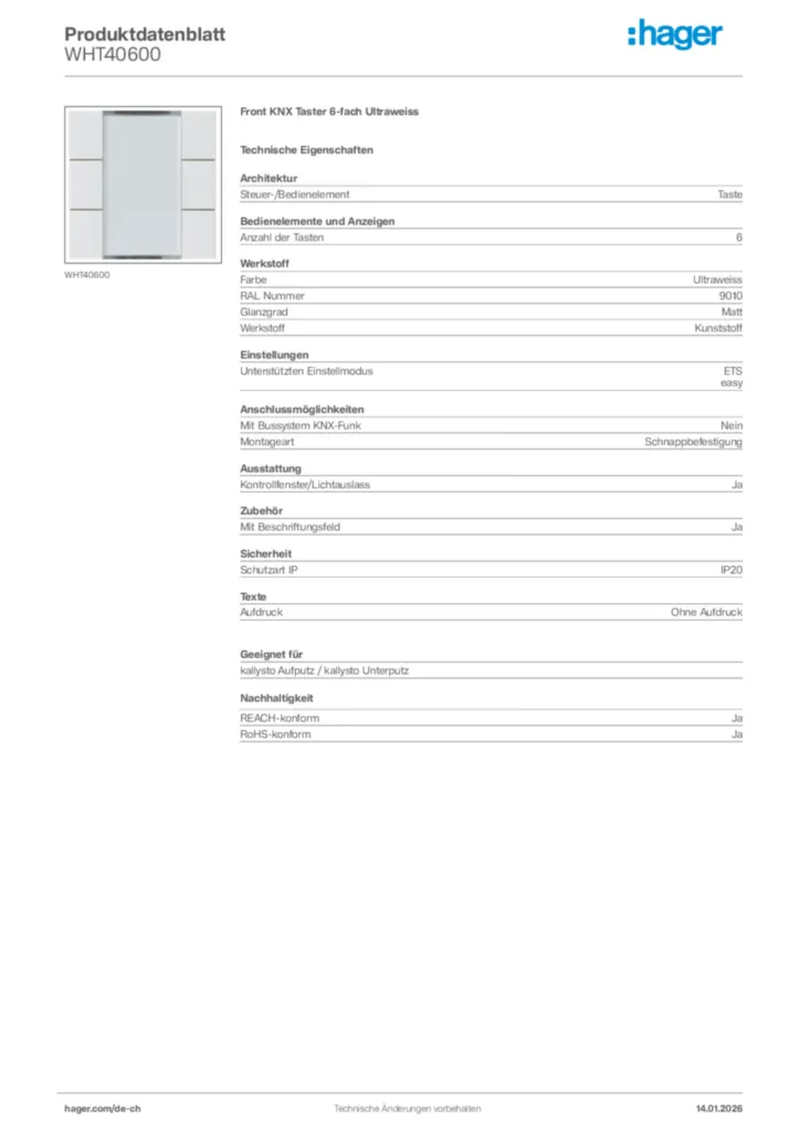 Bild Hager Produktdatenblatt WHT40600 | Hager Schweiz
