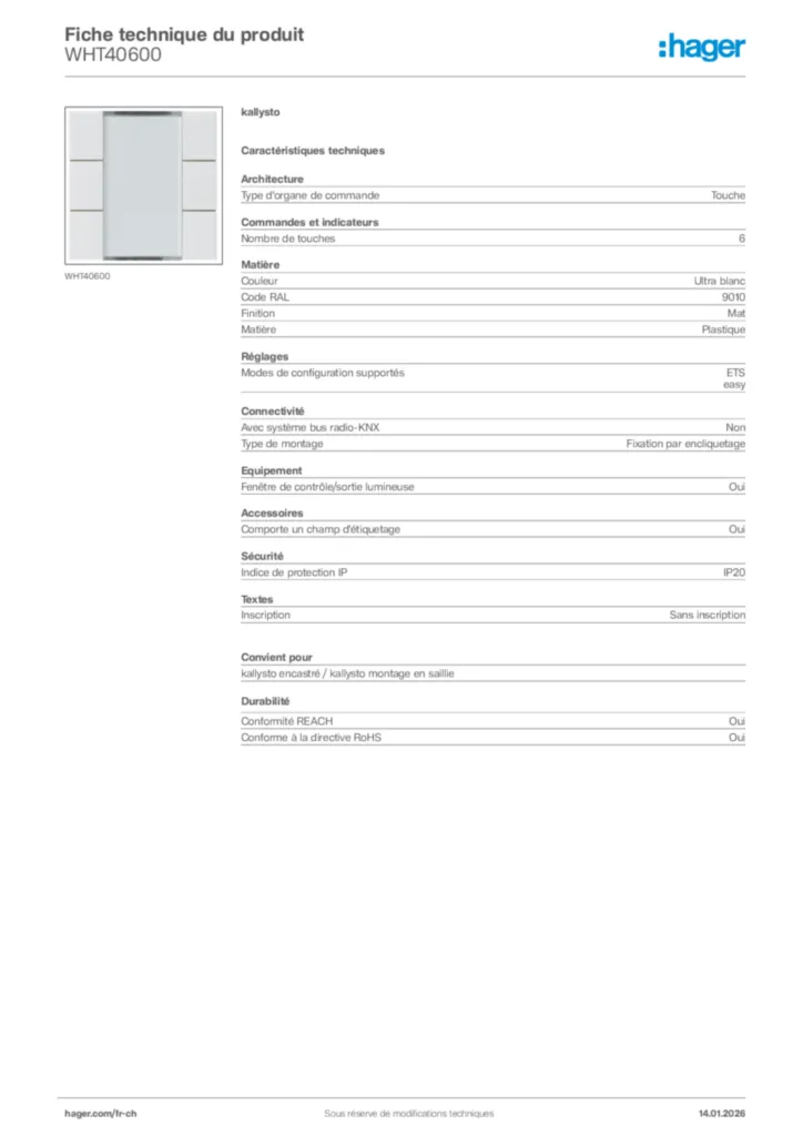 Image Hager Fiche technique du produit WHT40600 | Hager Suisse