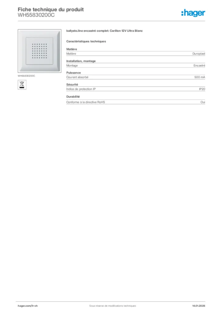 Image Hager Fiche technique du produit WH55830200C | Hager Suisse
