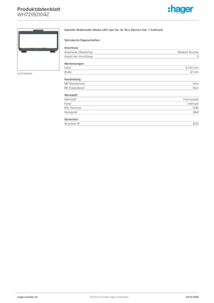 Bild Hager Produktdatenblatt WH72150104Z | Hager Schweiz