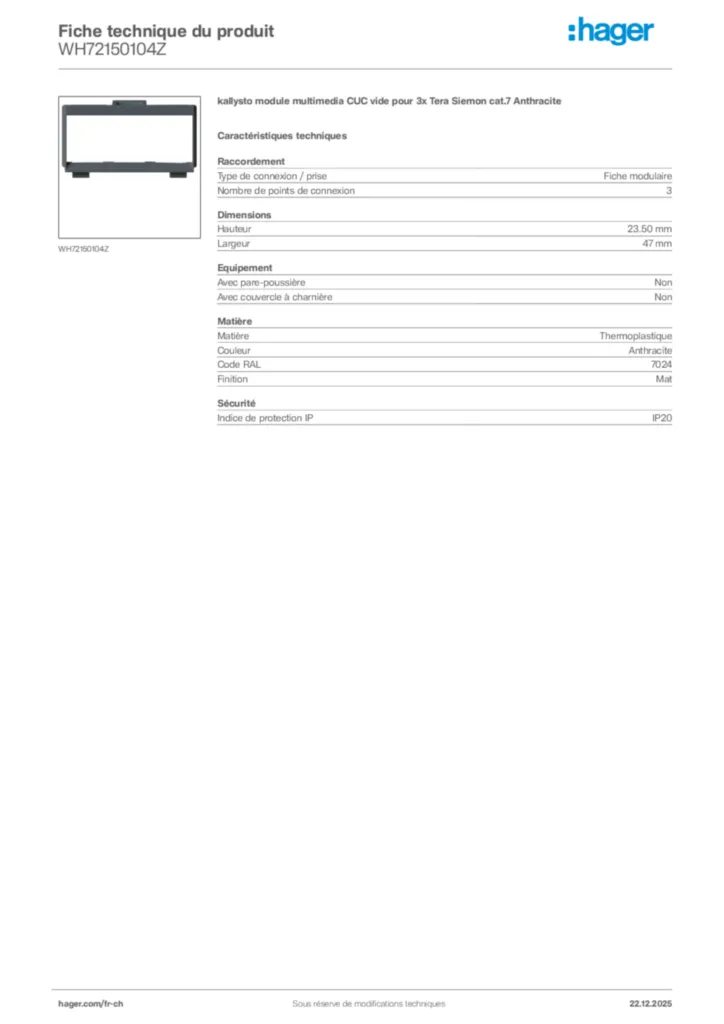 Image Hager Fiche technique du produit WH72150104Z | Hager Suisse