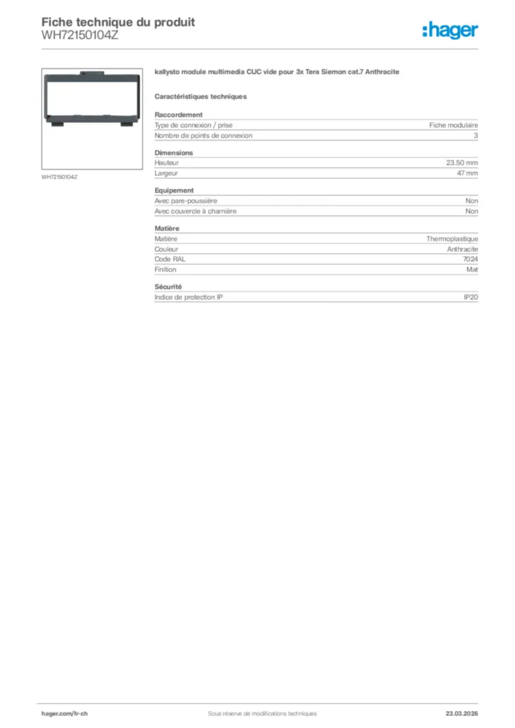 Image Hager Fiche technique du produit WH72150104Z | Hager Suisse