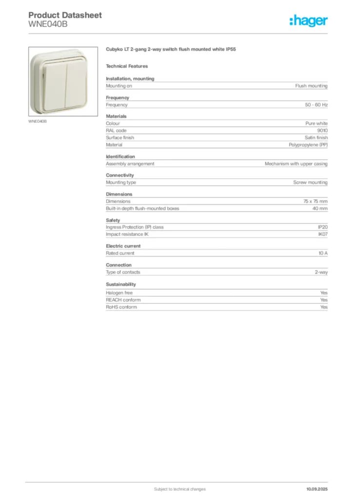 Image Hager Product data sheet WNE040B  | Hager Africa