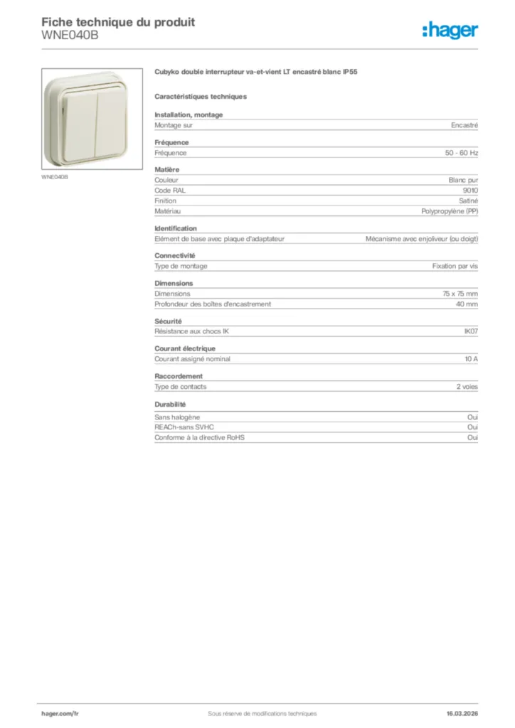 Image Hager Fiche technique du produit WNE040B | Hager France