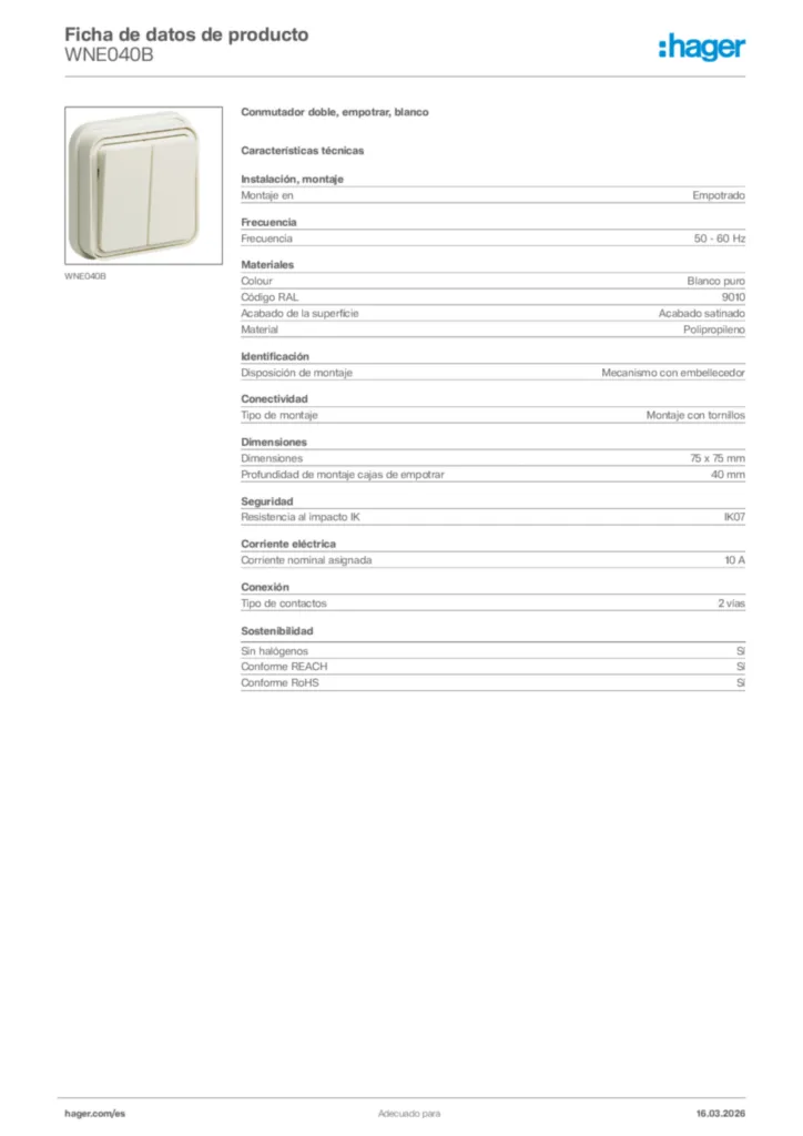 Imagen Hager Ficha de datos de producto WNE040B | Hager España
