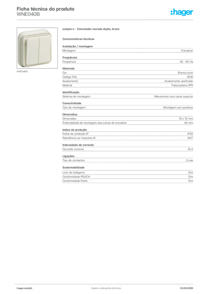 Imagem Hager Ficha técnica do produto WNE040B | Hager Portugal