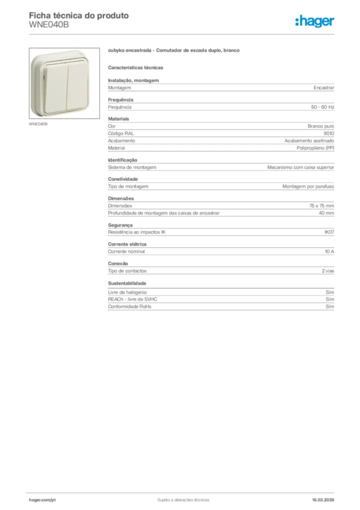 Imagem Hager Ficha técnica do produto WNE040B | Hager Portugal