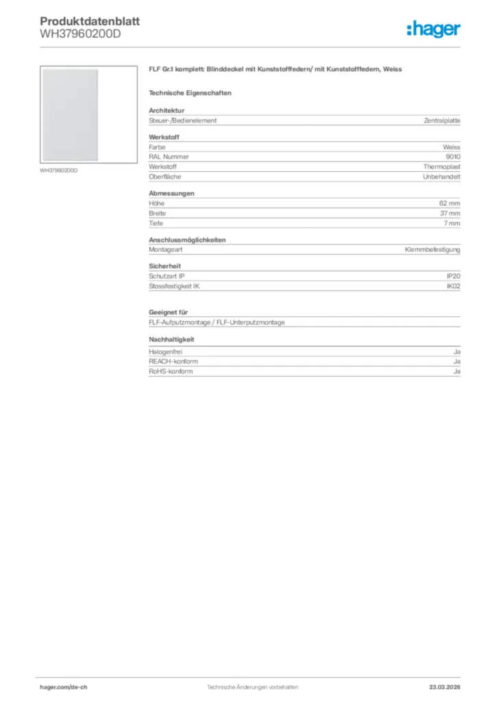 Bild Hager Produktdatenblatt WH37960200D | Hager Schweiz