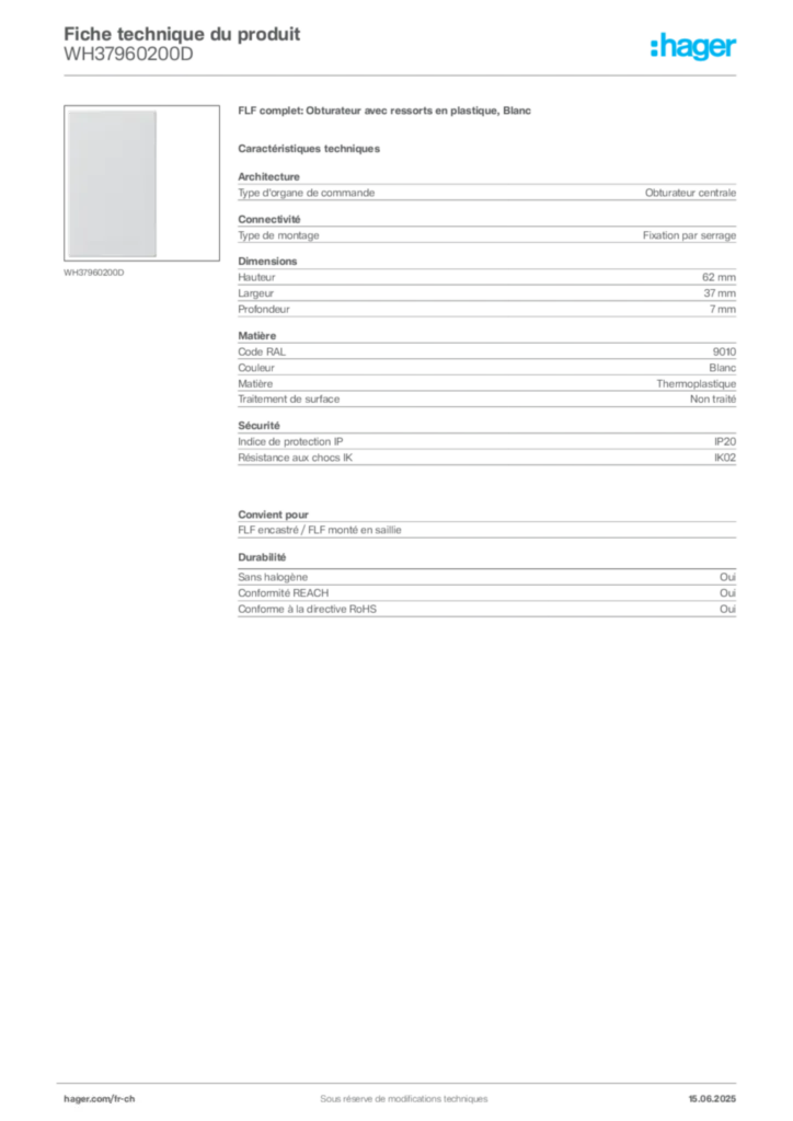 Image Hager Fiche technique du produit WH37960200D | Hager Suisse
