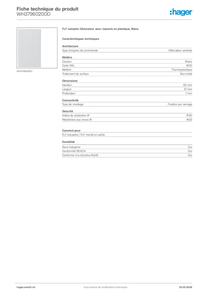 Image Hager Fiche technique du produit WH37960200D | Hager Suisse