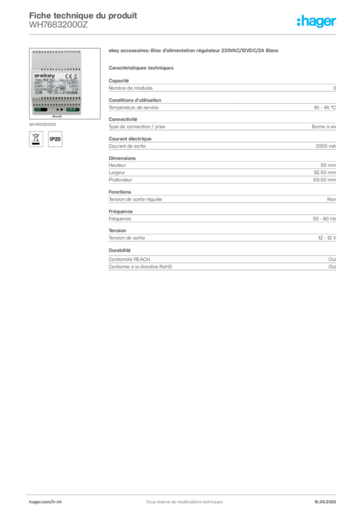 Image Hager Fiche technique du produit WH76832000Z | Hager Suisse