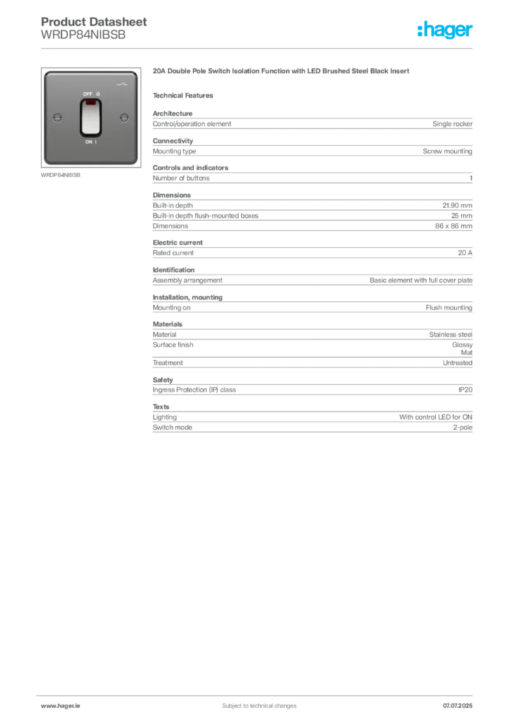 Image Hager Product data sheet WRDP84NIBSB  | Hager