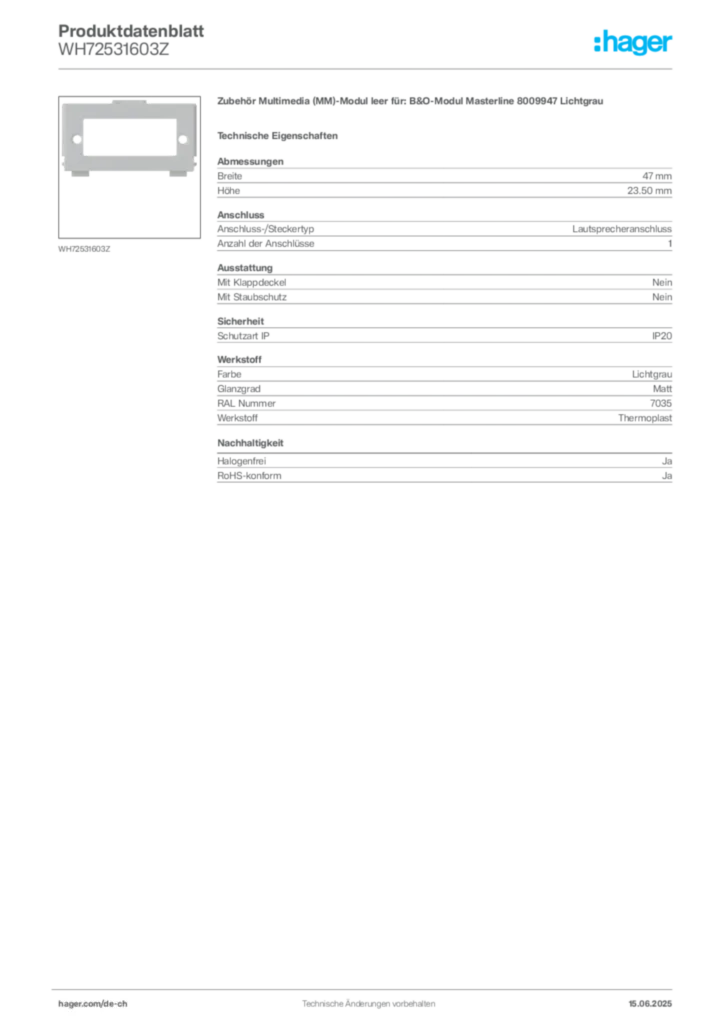 Bild Hager Produktdatenblatt WH72531603Z | Hager Schweiz
