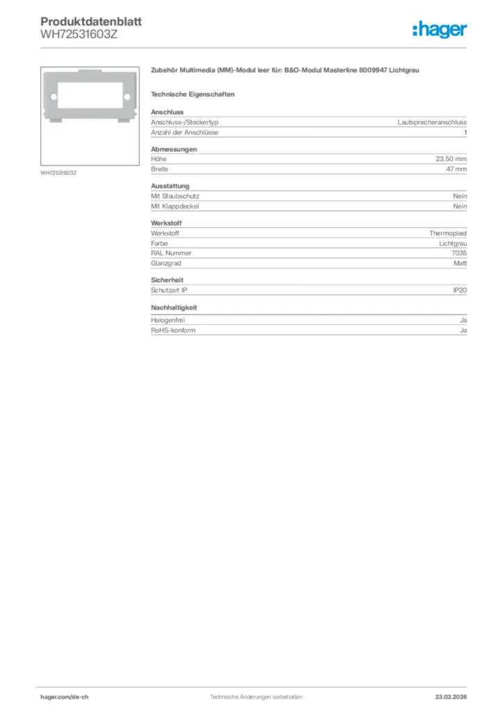 Bild Hager Produktdatenblatt WH72531603Z | Hager Schweiz