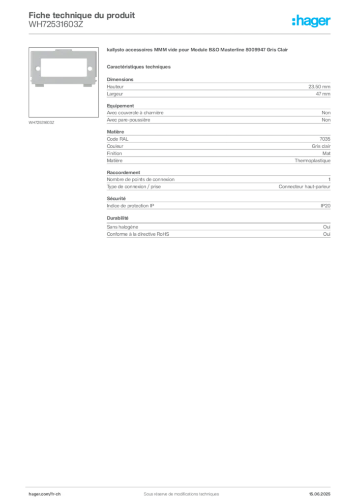 Image Hager Fiche technique du produit WH72531603Z | Hager Suisse