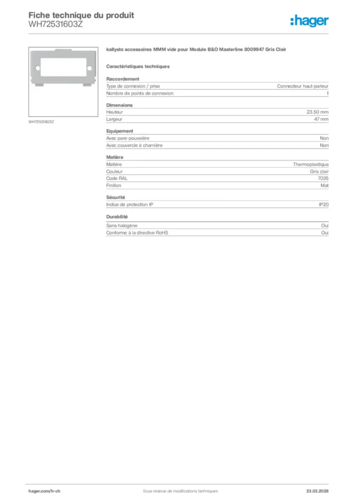 Image Hager Fiche technique du produit WH72531603Z | Hager Suisse