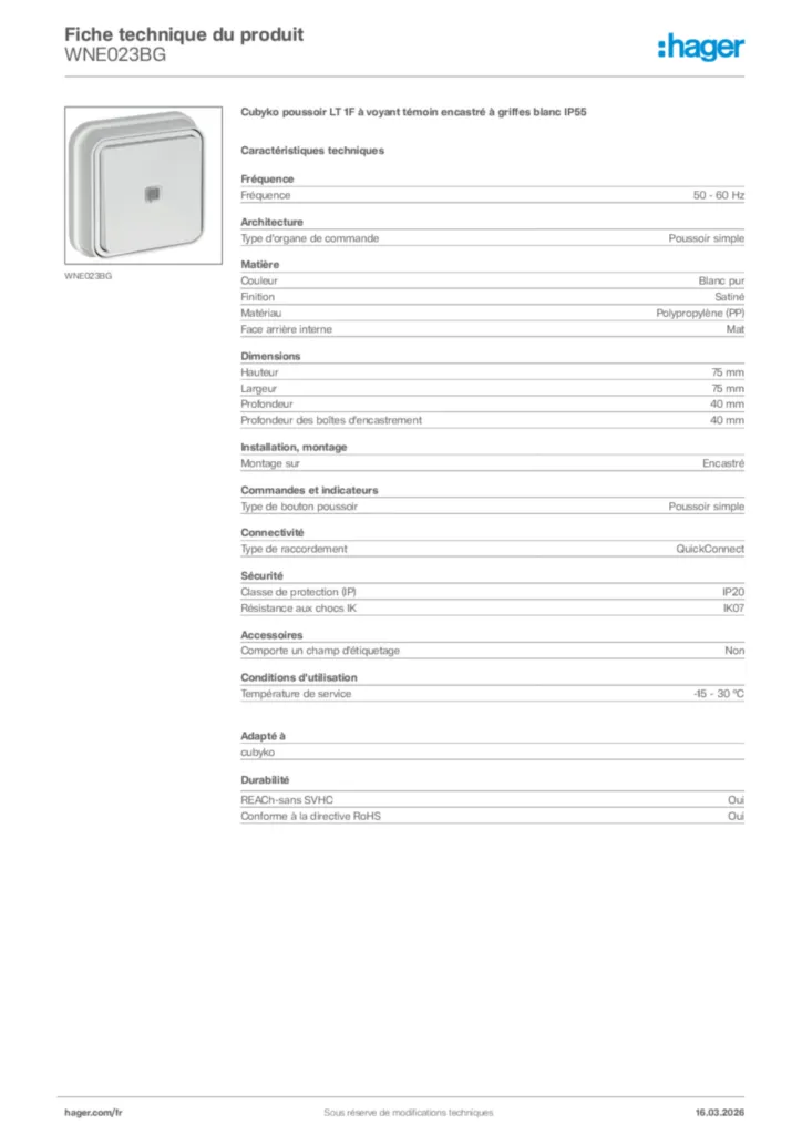 Image Hager Fiche technique du produit WNE023BG | Hager France