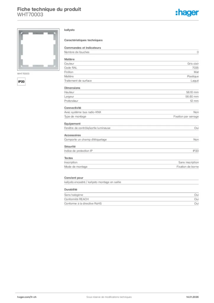 Image Hager Fiche technique du produit WHT70003 | Hager Suisse