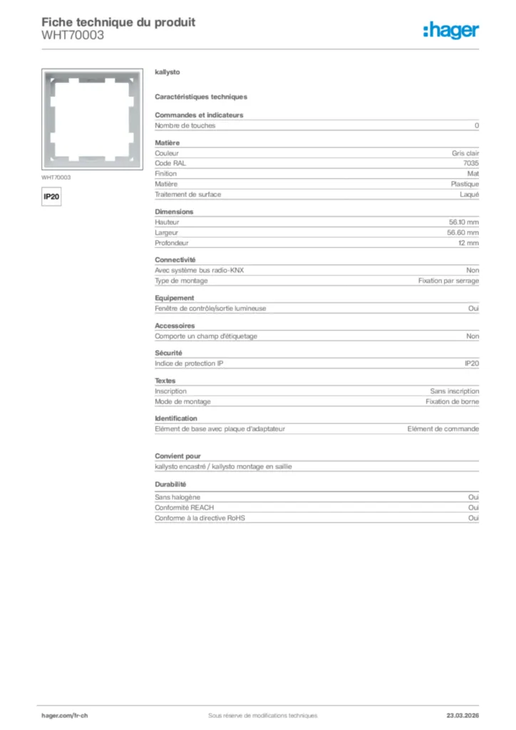 Image Hager Fiche technique du produit WHT70003 | Hager Suisse