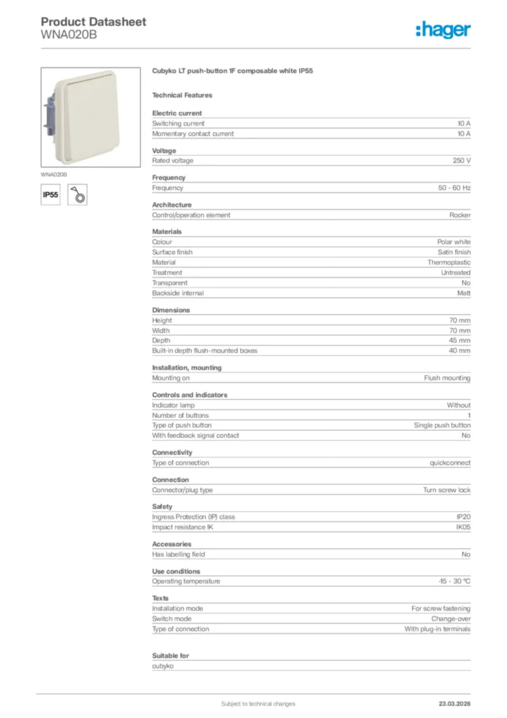 Image Hager Product data sheet WNA020B  | Hager Africa