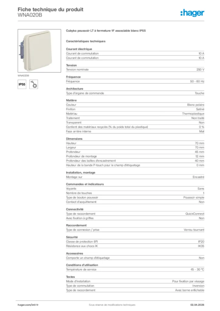 Image Hager Fiche technique du produit WNA020B | Hager Afrique