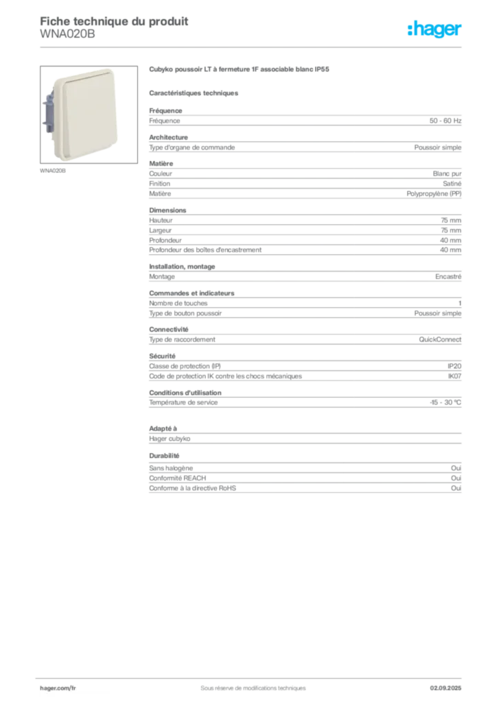 Image Hager Fiche technique du produit WNA020B | Hager France
