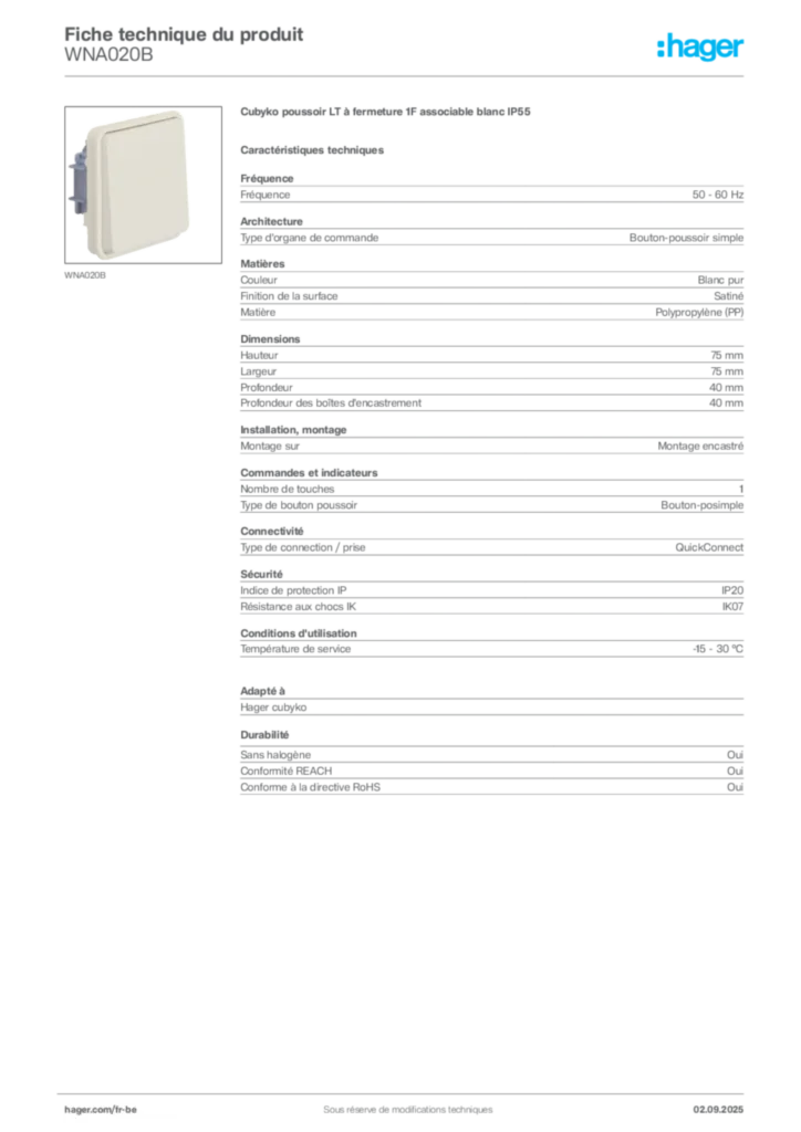 Image Hager Fiche technique du produit WNA020B | Hager Belgique