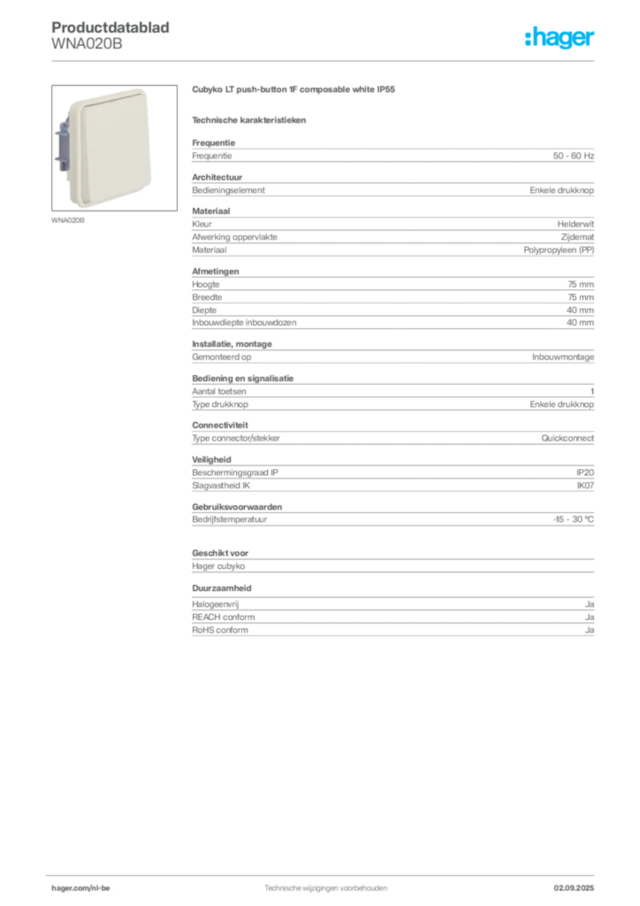 Afbeelding Hager Productdatablad WNA020B | Hager Belgium