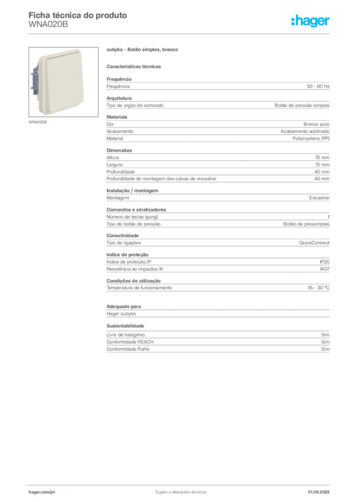 Imagem Hager Ficha técnica do produto WNA020B | Hager Portugal