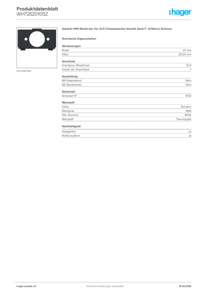 Bild Hager Produktdatenblatt WH72520105Z | Hager Schweiz