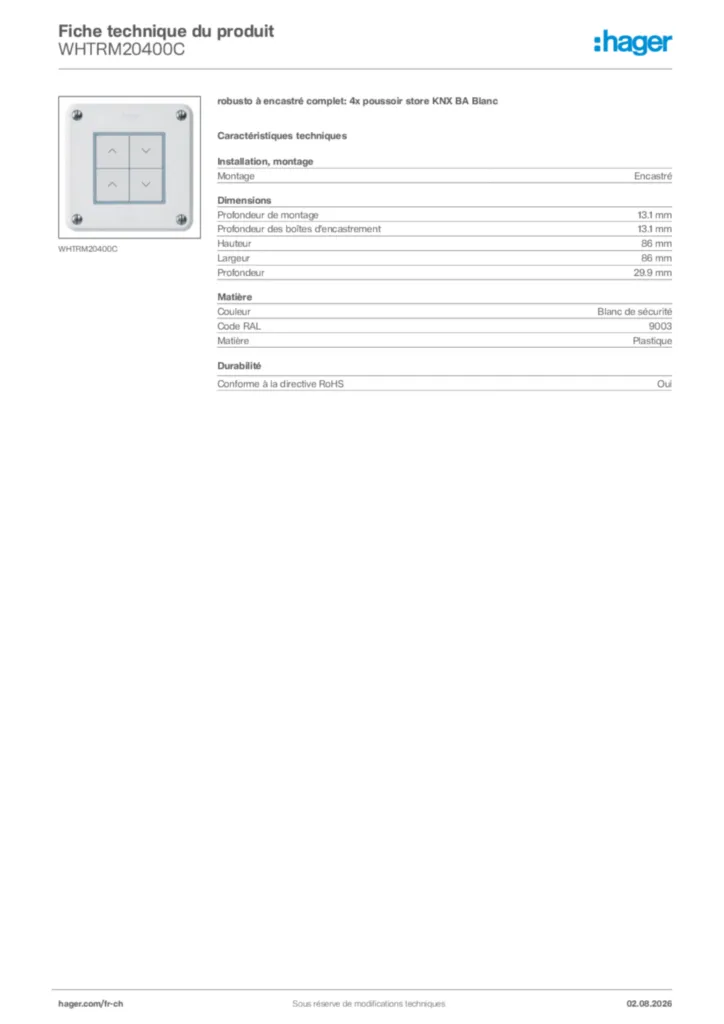 Image Hager Fiche technique du produit WHTRM20400C | Hager Suisse