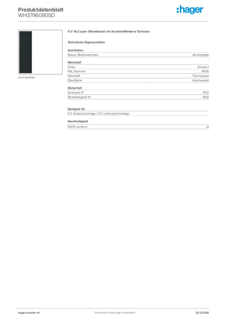 Bild Hager Produktdatenblatt WH37960905D | Hager Schweiz