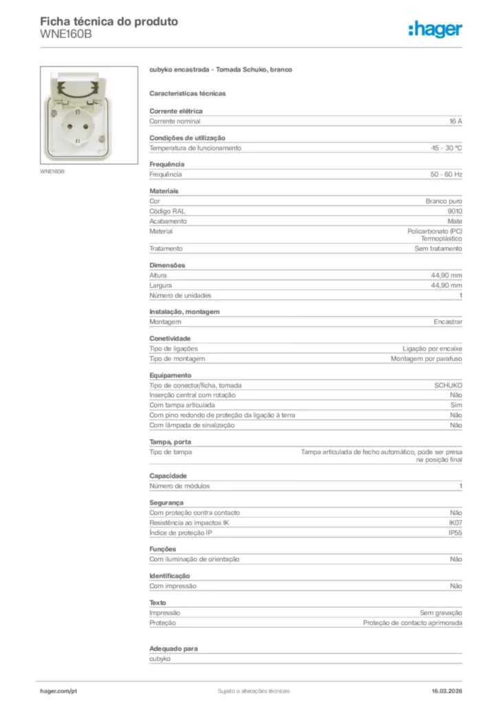 Imagem Hager Ficha técnica do produto WNE160B | Hager Portugal