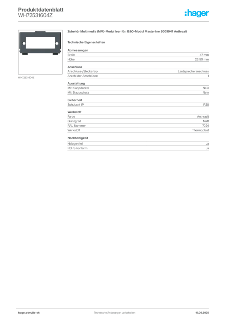 Bild Hager Produktdatenblatt WH72531604Z | Hager Schweiz