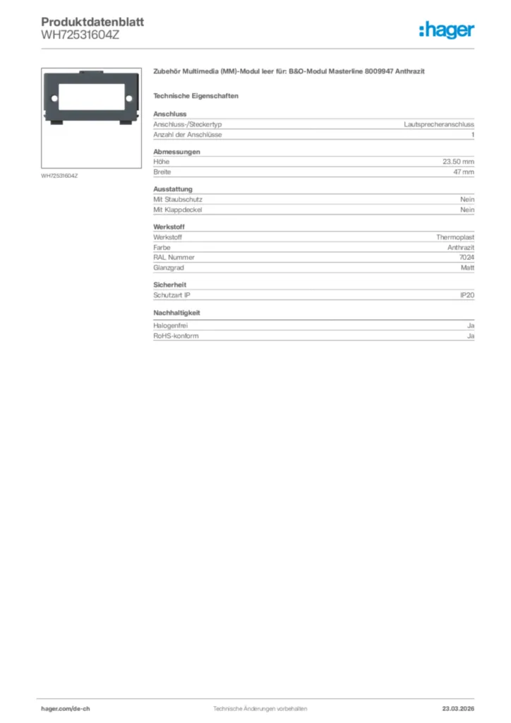 Bild Hager Produktdatenblatt WH72531604Z | Hager Schweiz