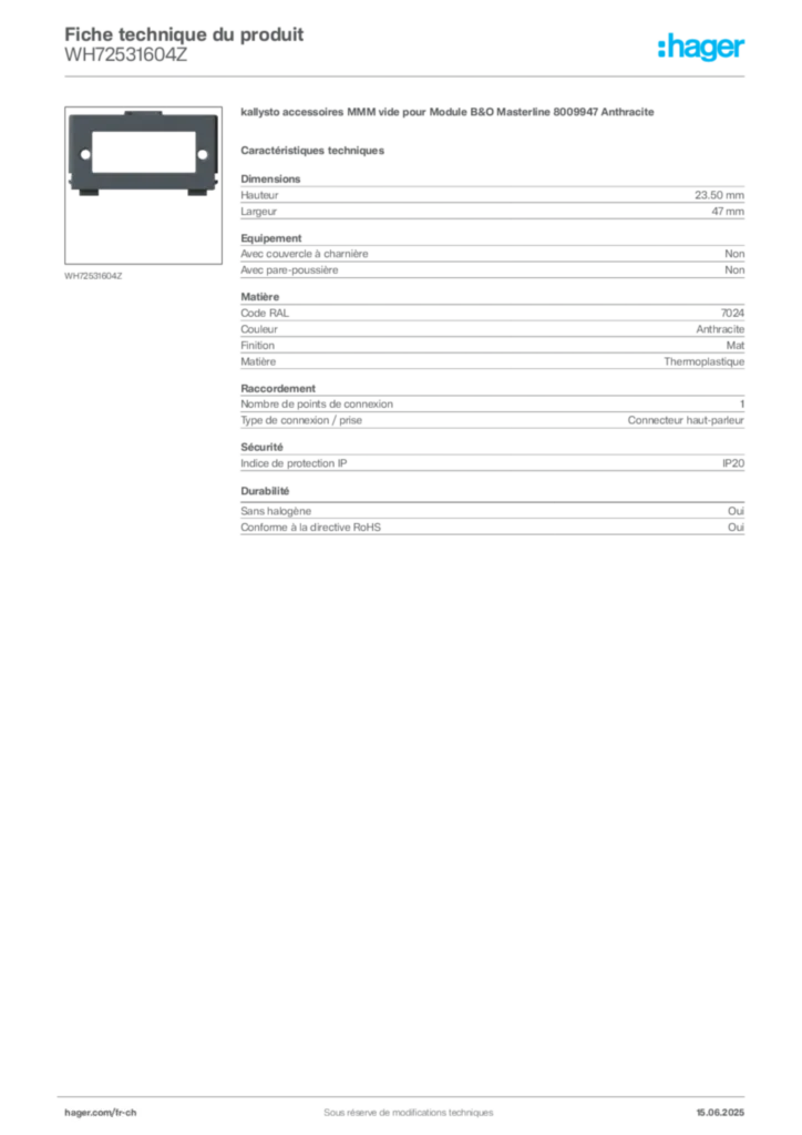 Image Hager Fiche technique du produit WH72531604Z | Hager Suisse