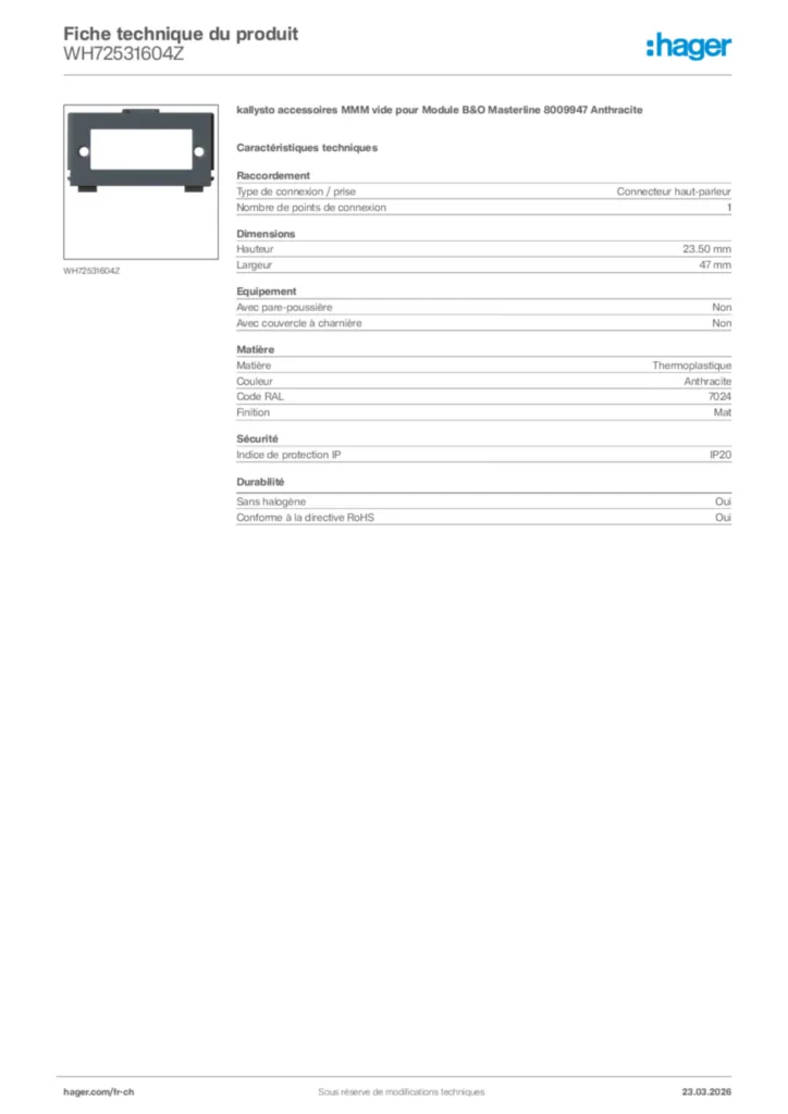 Image Hager Fiche technique du produit WH72531604Z | Hager Suisse