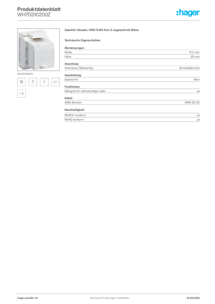 Bild Hager Produktdatenblatt WH70310200Z | Hager Schweiz