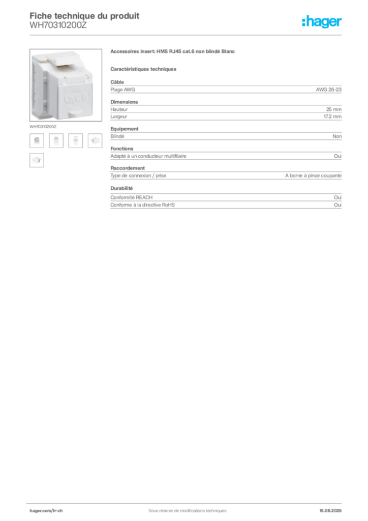 Image Hager Fiche technique du produit WH70310200Z | Hager Suisse