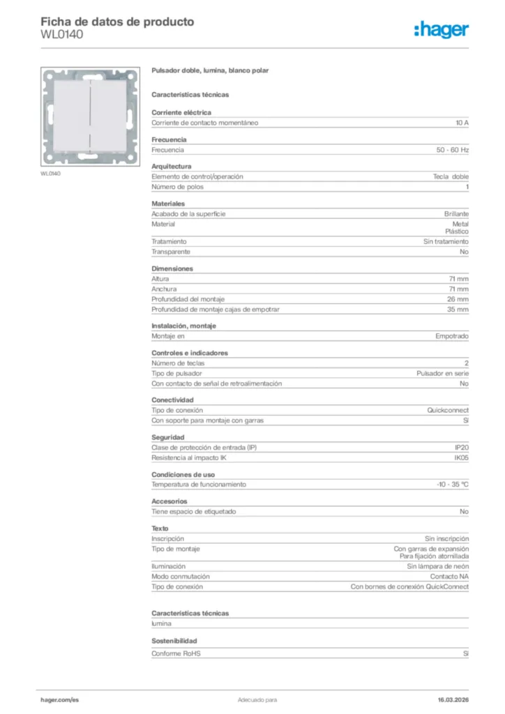 Imagen Hager Ficha de datos de producto WL0140 | Hager España