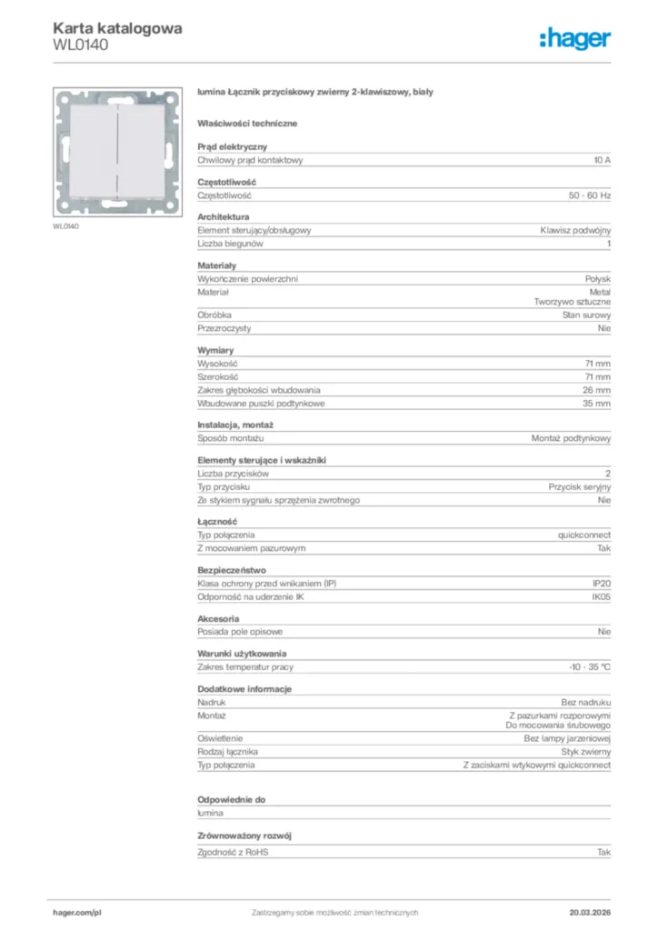 Zdjęcie Hager Karta katalogowa WL0140 | Hager Polska