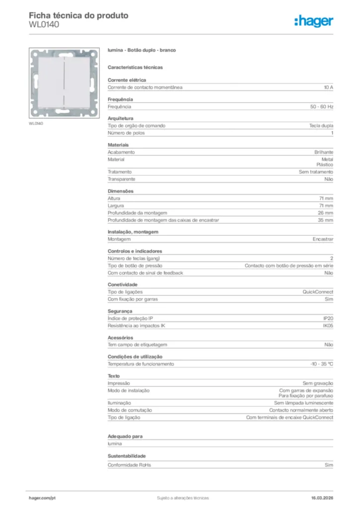 Imagem Hager Ficha técnica do produto WL0140 | Hager Portugal
