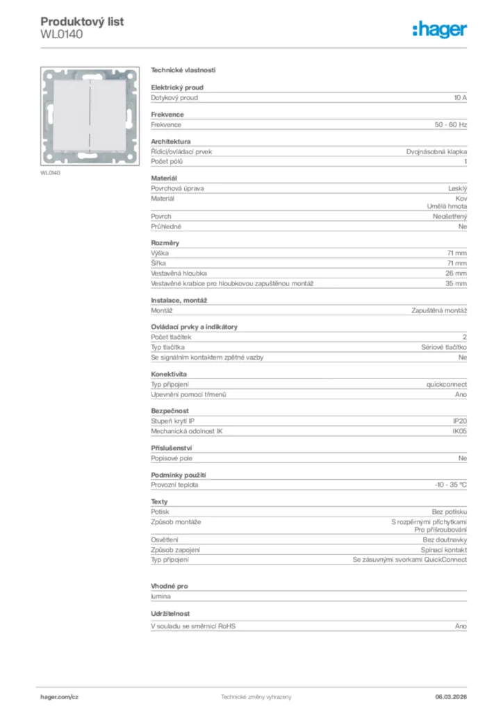 Obrázek Hager Product data sheet WL0140 | Hager