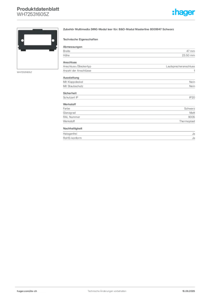 Bild Hager Produktdatenblatt WH72531605Z | Hager Schweiz