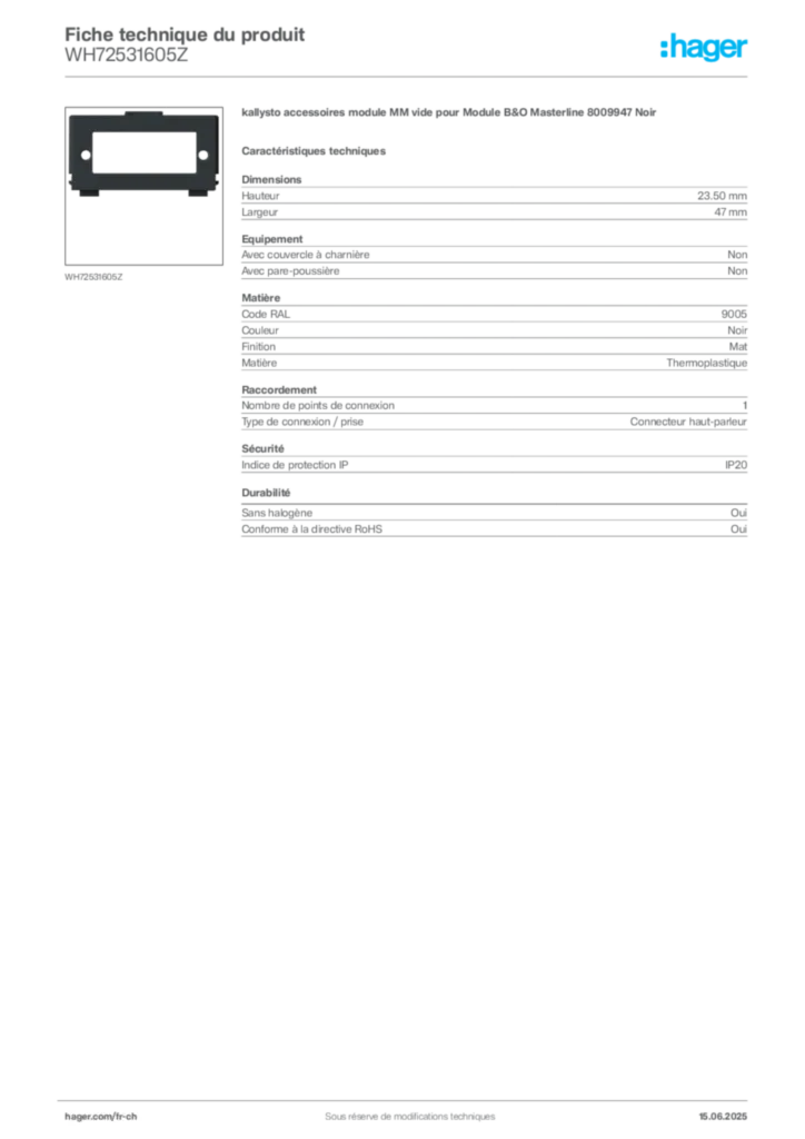 Image Hager Fiche technique du produit WH72531605Z | Hager Suisse
